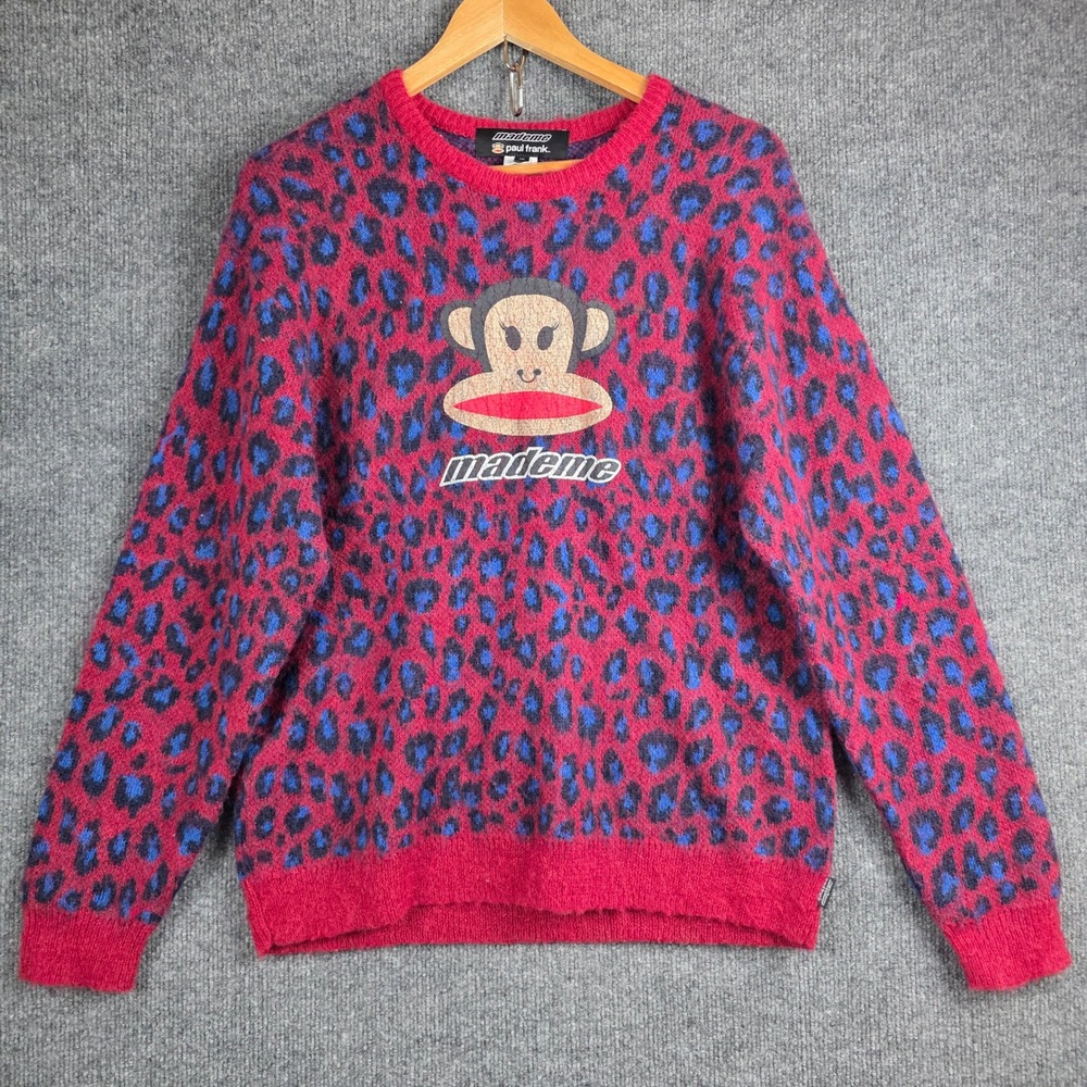 MadeMe Paul Frank Mohair Wool Leopard Sweater Red Blue Julius Monkey Y2K Punk M